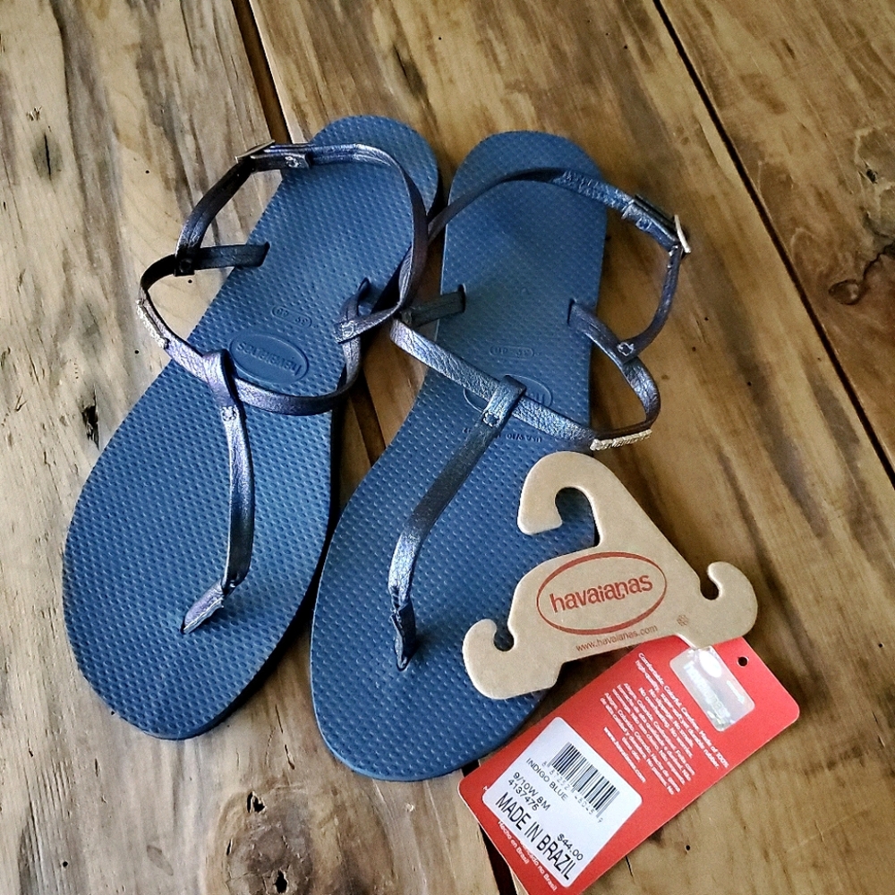 Havaianas Riviera metallic Indigo Blue T-strap Sandals Size 9/10